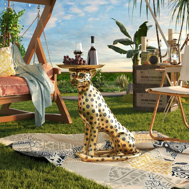 Everly Quinn Leopard Statue Side Table With Detachable Tray - Gold
